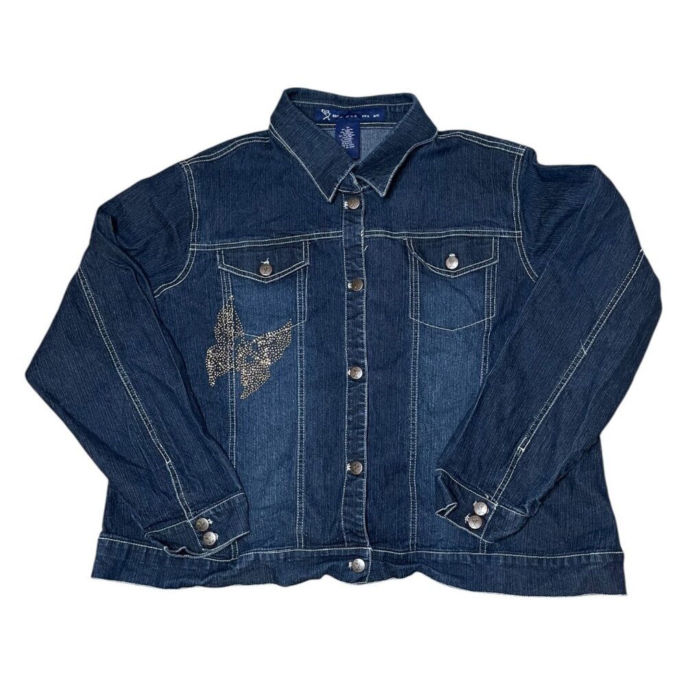 Vintage Y2K Women’s 3X Denim Jacket Butterfly Rhinestone Jean Plus Size Preppy